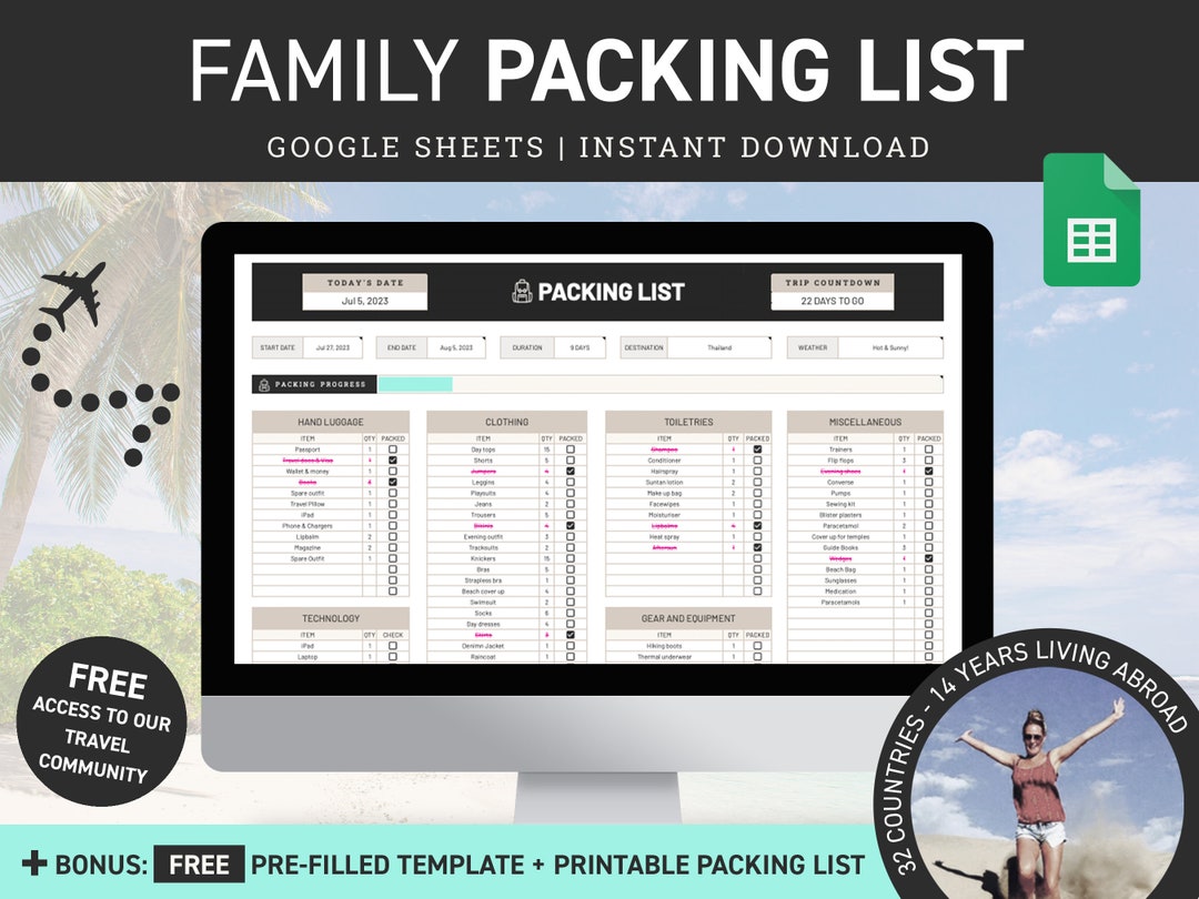Family Packing List, Google Sheets Packing List, Kids Packing List