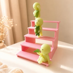 May include: A pink four-tiered staircase display stand featuring three small, pale yellow humanoid figurines. The top figure holds a green pillow, the middle figure holds a dark green bear, and the bottom figure holds a green paper airplane.