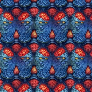May include: A repeating pattern of blue and red faces with intricate details. The faces have yellow eyes and are set against a background of swirling patterns.