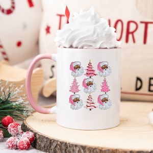 African American Black Santa With Pink Christmas Trees Coffee Mug