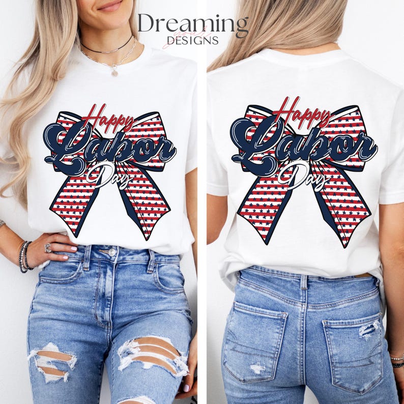 Pu&ograve; includere: T-shirt bianco con un design a fiocco patriottico e la scritta "Happy Labor Day". Il fiocco presenta strisce rosse e bianche con dettagli blu e stelle. La maglietta &egrave; abbinata a jeans blu.