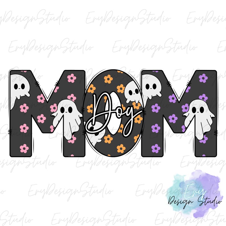 Pode incluir: Design gr&aacute;fico preto e branco com a palavra "MOM" em letras grandes. As letras s&atilde;o decoradas com um padr&atilde;o de flores rosa e roxas e fantasmas brancos. O "O" &eacute; substitu&iacute;do pela palavra "Dog" em letras laranja e pretas com um padr&atilde;o de flores laranja e pretas.