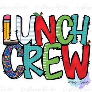 Może przedstawiać: Kolorowe grafiki z napisem "LUNCH CREW" w zabawnym kroju pisma. Litery są ozdobione wzorami, takimi jak kratka, papier w linie i litery alfabetu. Na g&oacute;rze litery "N" w słowie "LUNCH" znajduje się jabłko z listkiem.