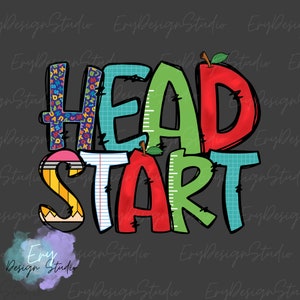May include: A colorful graphic design with the words "HEAD START" in a bold, playful font. The letters are decorated with colorful patterns, including alphabet letters, grid patterns, and a pencil. The design is perfect for a classroom or school-themed project.