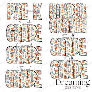 Puede incluir: Un conjunto de 6 diseños coloridos con estampado floral para pre-k, jardín de infantes, primer, segundo, tercer y cuarto grado. Cada diseño presenta un nivel de grado diferente con el texto "Primer grado", "Segundo grado", etc. en un contorno blanco.