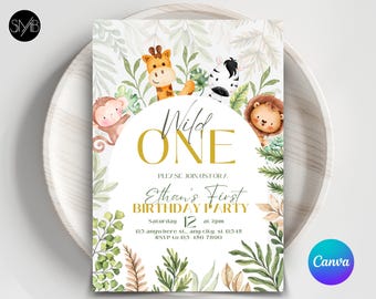 Sjabloon Safari Wild One-verjaardagsuitnodiging (digitale download)