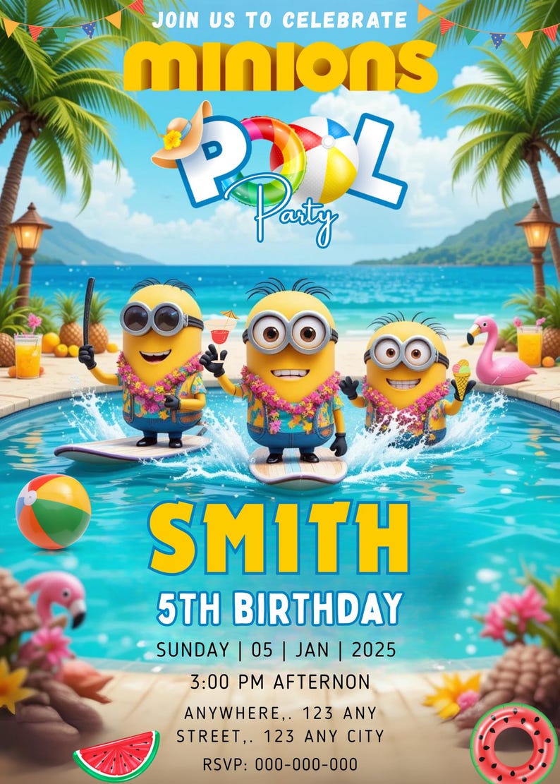 May include: A vibrant pool party invitation featuring Minions surfing. The design includes the text "Minions Pool Party" and "Smith 5th Birthday". Tropical elements like palm trees, a flamingo, and a beach ball are also present.