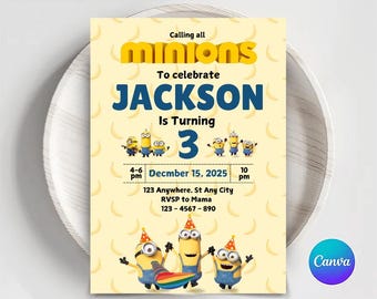 Verjaardagsuitnodiging Minions: bewerkbare sjabloon (digitale download)