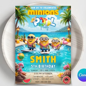 May include: A vibrant invitation for a Minions-themed pool party. The design features three Minions surfing in a pool, with text that reads "Minions Pool Party" and details for a 5th birthday celebration. Palm trees and a beach scene complete the festive look.