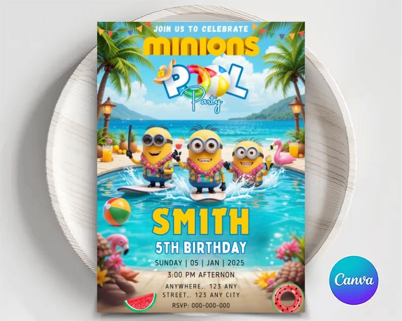May include: A vibrant invitation for a Minions-themed pool party. The design features three Minions surfing in a pool, with text that reads "Minions Pool Party" and details for a 5th birthday celebration. Palm trees and a beach scene complete the festive look.