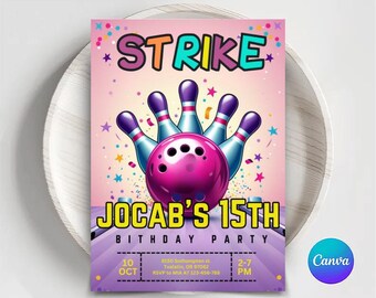 Bowling Birthday Invitation: Rainbow Neon Glow, Editable Template (Digital Download)