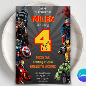 Bearbeitbare Superhelden-Geburtstags-Einladungsvorlage Superheld-Geburtstags-Einladung Avengers-Party-Thema Ironman Spiderman Hulk Einladung für Jungen
