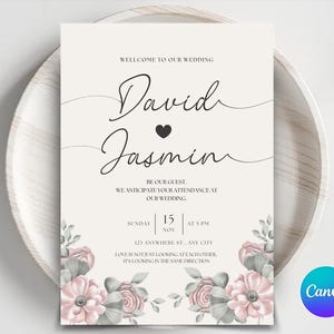 Blumen-Hochzeitseinladungs-Vorlage | Bearbeitbare Hochzeitskarte Einladung | Rosa und Grün Blumen-Hochzeit einladen Druckbare Hochzeitskarte Invite