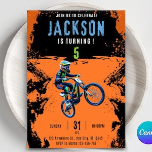 May include: A birthday party invitation for a 5-year-old boy named Jackson. The invitation features a black and orange background with a graphic of a boy riding a dirt bike. The text "JOIN US TO CELEBRATE JACKSON IS TURNING! 5" is in blue and green text. The invitation also includes the date, time, and location of the party.