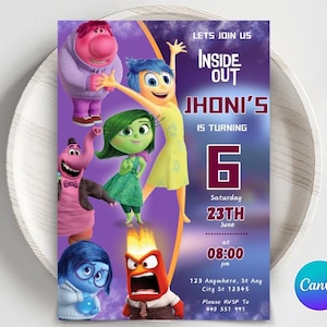Plantilla de invitación de cumpleaños editable de Inside Out 2, invitación de fiesta de cumpleaños imprimible, invitación digital para fiesta infantil, tarjeta de cumpleaños para niños y niñas