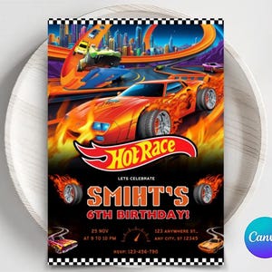 Invitación editable de Hot Cars, invitación de Hot Wheels, plantilla de cumpleaños de Hot Race Cars, plantilla de Hot Wheels, invitación editable de cumpleaños infantil