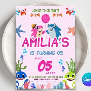 Baby Hai Geburtstagseinladung: Bearbeitbare Canva Vorlage (Digitaler Download)