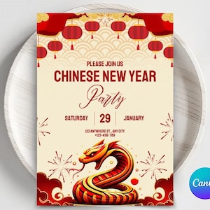 Modelo de convite editável para o Ano Novo Chinês, convite para o Ano Novo Lunar 2025 da Serpente para impressão, convite para festa do Ano Novo Chinês