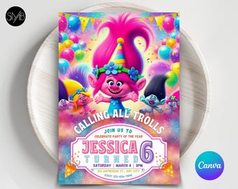 Editable Trolls Birthday Invitation Template (5x7) (Digital Download)