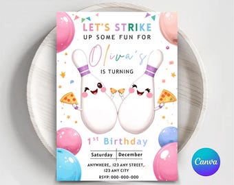 Bowling Birthday Invitation: Rainbow Neon Glow, Editable Template (Digital Download)