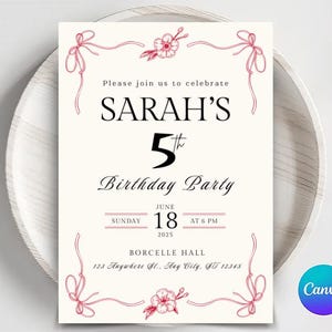 Pink Bow Birthday Invitation: Coquette Girl Party (Digital Download)
