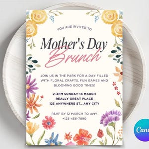 EDITABLE Mother&#39;s Day Brunch Invitation Template, Mothers Day Party Invite, Floral Mother&#39;s Day Breakfast Invite, Moms and Mimosas Invite
