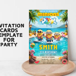 May include: A colorful invitation card template for a pool party, featuring Minions characters surfing in a pool. The card includes the text "Join us to celebrate Minions Pool Party" and details for a 5th birthday party.