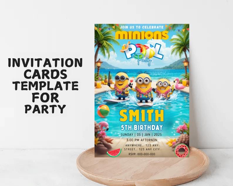 May include: A colorful invitation card template for a pool party, featuring Minions characters surfing in a pool. The card includes the text "Join us to celebrate Minions Pool Party" and details for a 5th birthday party.