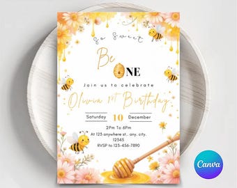 Sweet Bee First Birthday Invitation: Editable 5x7 Party Invite (Digital Download)