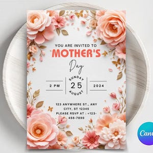 EDITABLE Mother&#39;s Day Brunch Invitation Template, Mothers Day Party Invite, Floral Mother&#39;s Day Breakfast Invite, Moms and Mimosas Invite