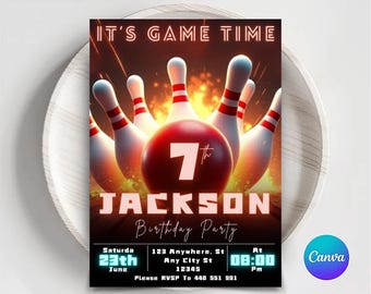 Bowling Birthday Invitation: Neon Rainbow, Editable Template (Digital Download)