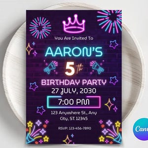Glow Crazy Birthday Invitation, Neon Glow Invitation, Glow Party Birthday Invitation, Editable Template 0205