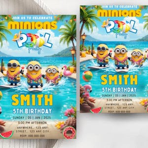 May include: A vibrant invitation for a pool party featuring Minions. The design includes the text "Minions Pool Party" and "Smith 5th Birthday". The invitation showcases Minions in a pool setting with palm trees and tropical elements.