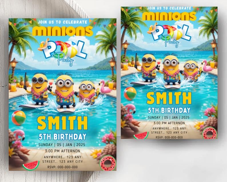 May include: A vibrant invitation for a pool party featuring Minions. The design includes the text "Minions Pool Party" and "Smith 5th Birthday". The invitation showcases Minions in a pool setting with palm trees and tropical elements.