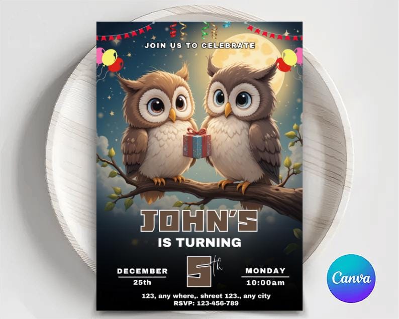 Editable owl birthday invitation-woodland party invite-owl first birthday-instant download