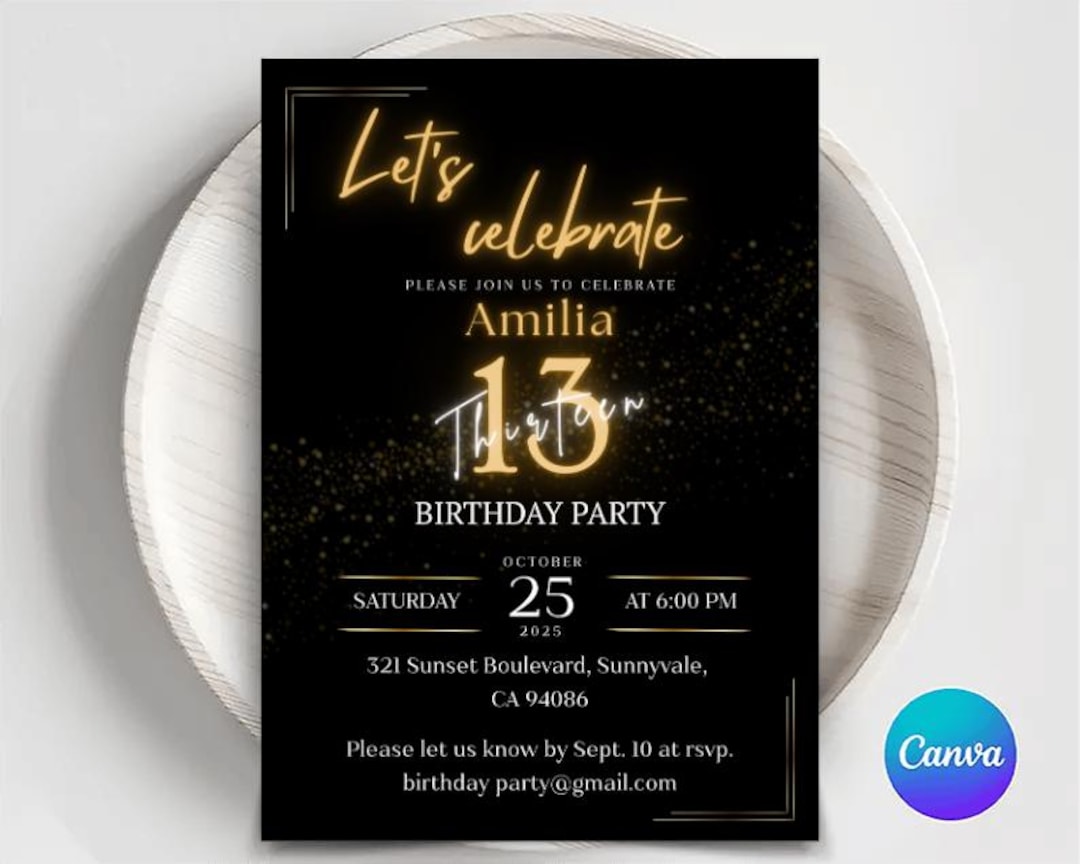 Editable Black and Gold Birthday Invitation: Balloon Party Canva ...
