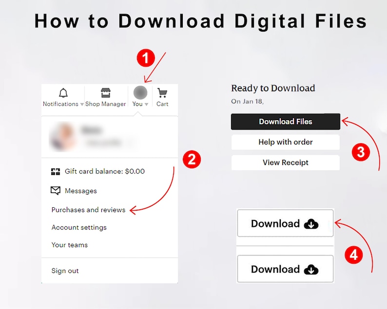 May include: A guide titled "How to Download Digital Files" with numbered steps. The image shows a user interface with options like "Download Files" and "Purchases and reviews". Arrows point to different sections of the interface, guiding the user.