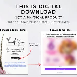 May include: Digital download graphic with the text "THIS IS DIGITAL DOWNLOAD NOT A PHYSICAL PRODUCT". The image includes a "Thank You" card template and a Canva template. The card has a floral design and the Canva template has a blurred image.
