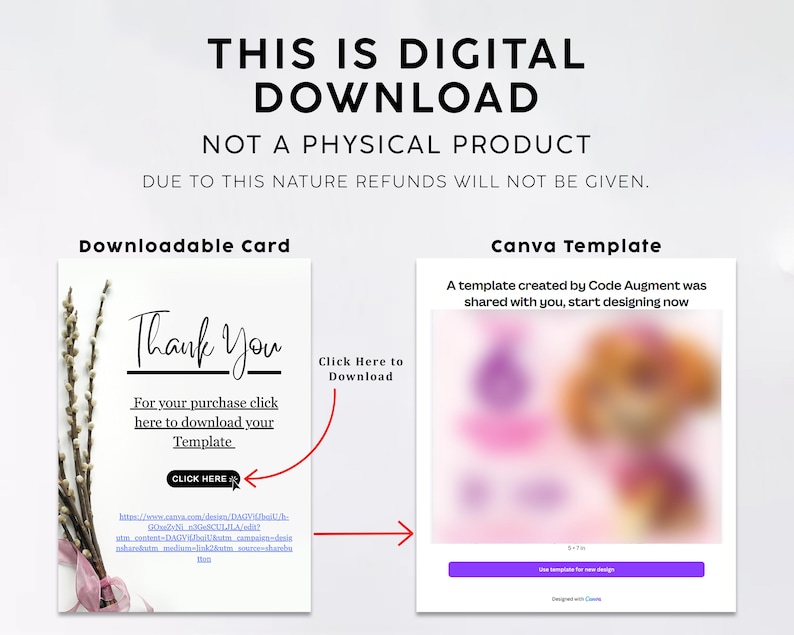 May include: Digital download graphic with the text "THIS IS DIGITAL DOWNLOAD NOT A PHYSICAL PRODUCT". The image includes a "Thank You" card template and a Canva template. The card has a floral design and the Canva template has a blurred image.