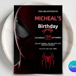 Plantilla de invitación de cumpleaños editable de Spiderman, tarjeta de Spiderman, invitación de cumpleaños de Spidey, invitación de Amazing Friends, invitación de Spidey