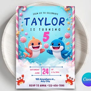 Baby Hai Geburtstagseinladung: Bearbeitbare Canva Vorlage (Digitaler Download)