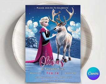 Frozen-verjaardagsuitnodiging: Elsa Winter Party, bewerkbare canvassjabloon (digitale download)