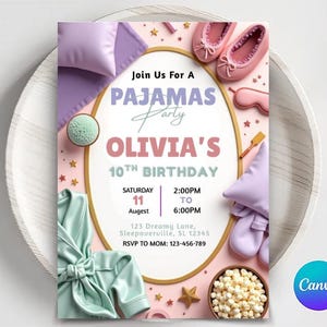 Pajama Party Birthday Invitation Sleepover Slumber Birthday Party Invite Spa Day, Glam Party Birthday Editable Template Instant download