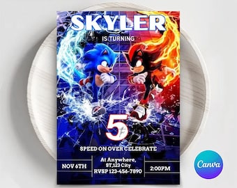 Bewerkbare Sonic-verjaardagsuitnodiging: canvassjabloon (5 x 7) (digitale download)