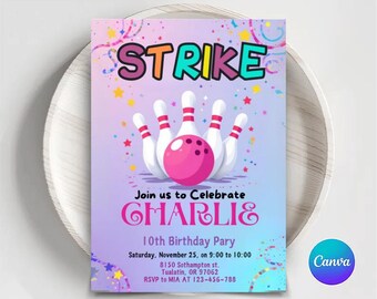 Bowling Birthday Invitation: Rainbow Neon Glow, Editable Template (Digital Download)