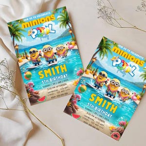 May include: Two invitations for a Minions-themed pool party. The invitations feature the text "Join us to celebrate Minions Pool Party" and "Smith 5th Birthday". The design includes Minions characters surfing, palm trees, and a beach scene.