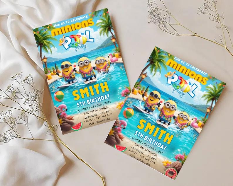 May include: Two invitations for a Minions-themed pool party. The invitations feature the text "Join us to celebrate Minions Pool Party" and "Smith 5th Birthday". The design includes Minions characters surfing, palm trees, and a beach scene.
