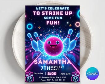 Bowling Birthday Invitation: Neon Rainbow Glow, Editable Template (Digital Download)