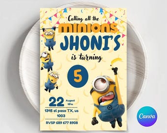 Verjaardagsuitnodiging Minions: bewerkbare sjabloon (digitale download)