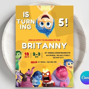 Plantilla de invitación de cumpleaños editable de Inside Out 2, invitación de fiesta de cumpleaños imprimible, invitación digital para fiesta infantil, tarjeta de cumpleaños para niños y niñas